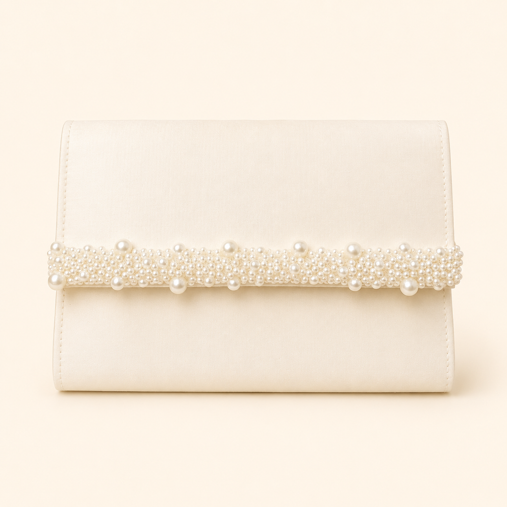 An ivory clutch bag with a horizontal band of pearls and crystals across the front, set against a solid cream background.