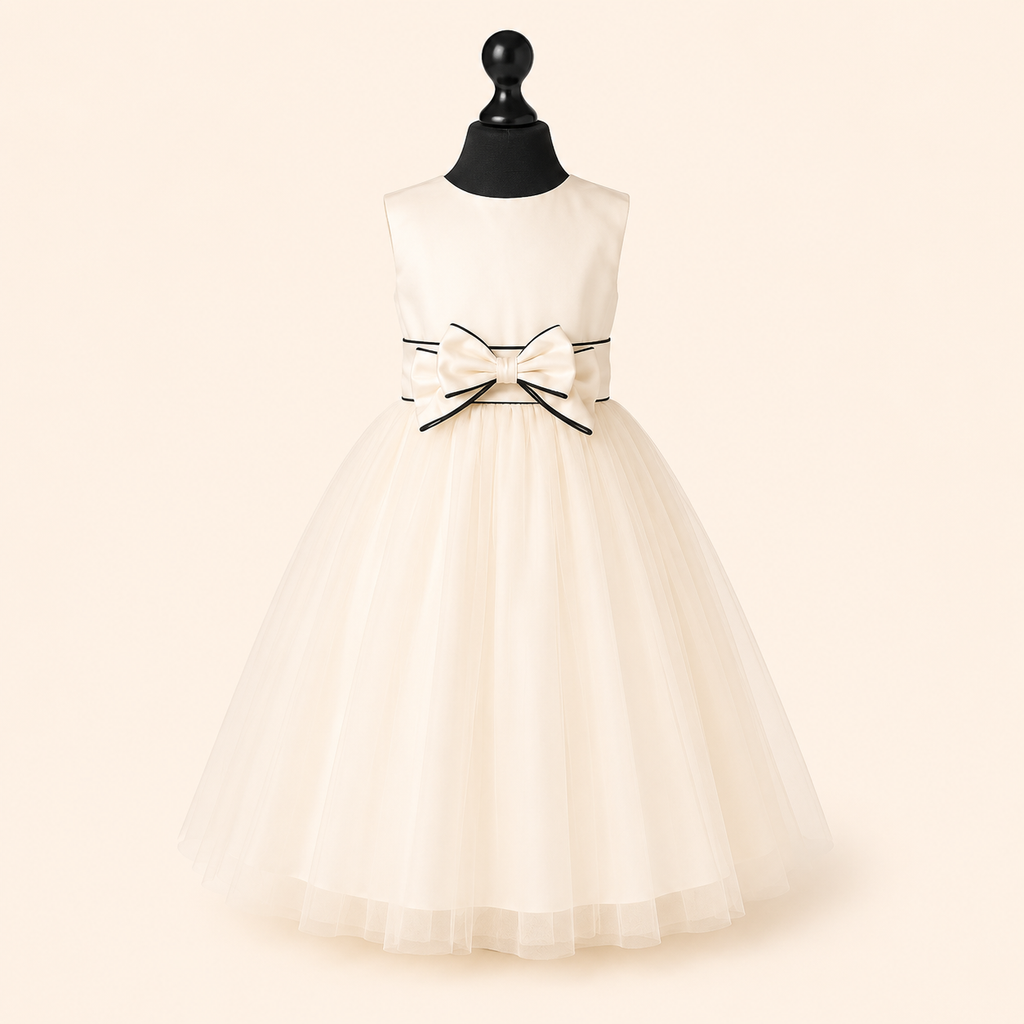 An ivory sleeveless tulle dress displayed on a black mannequin torso against a warm cream background. The dress features a fitted bodice, a large matching bow at the waist, and thin black piping accents.
